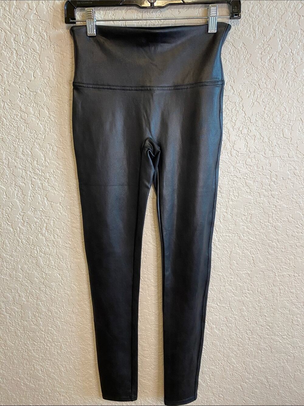 SPANX Black Faux Leather Leggings Size Medium 27” inseam